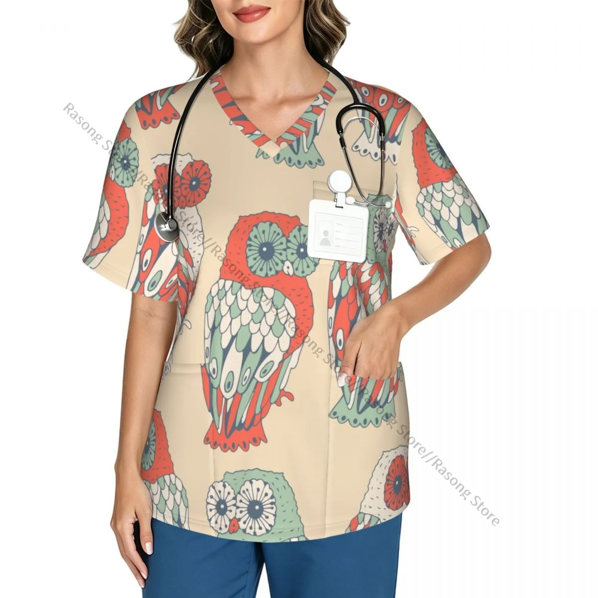 Women Scrubs Blouse Medical Nurse V-neck Clinical Scrubs Top Cute Colorful Owl Operating Room Work T-shirt