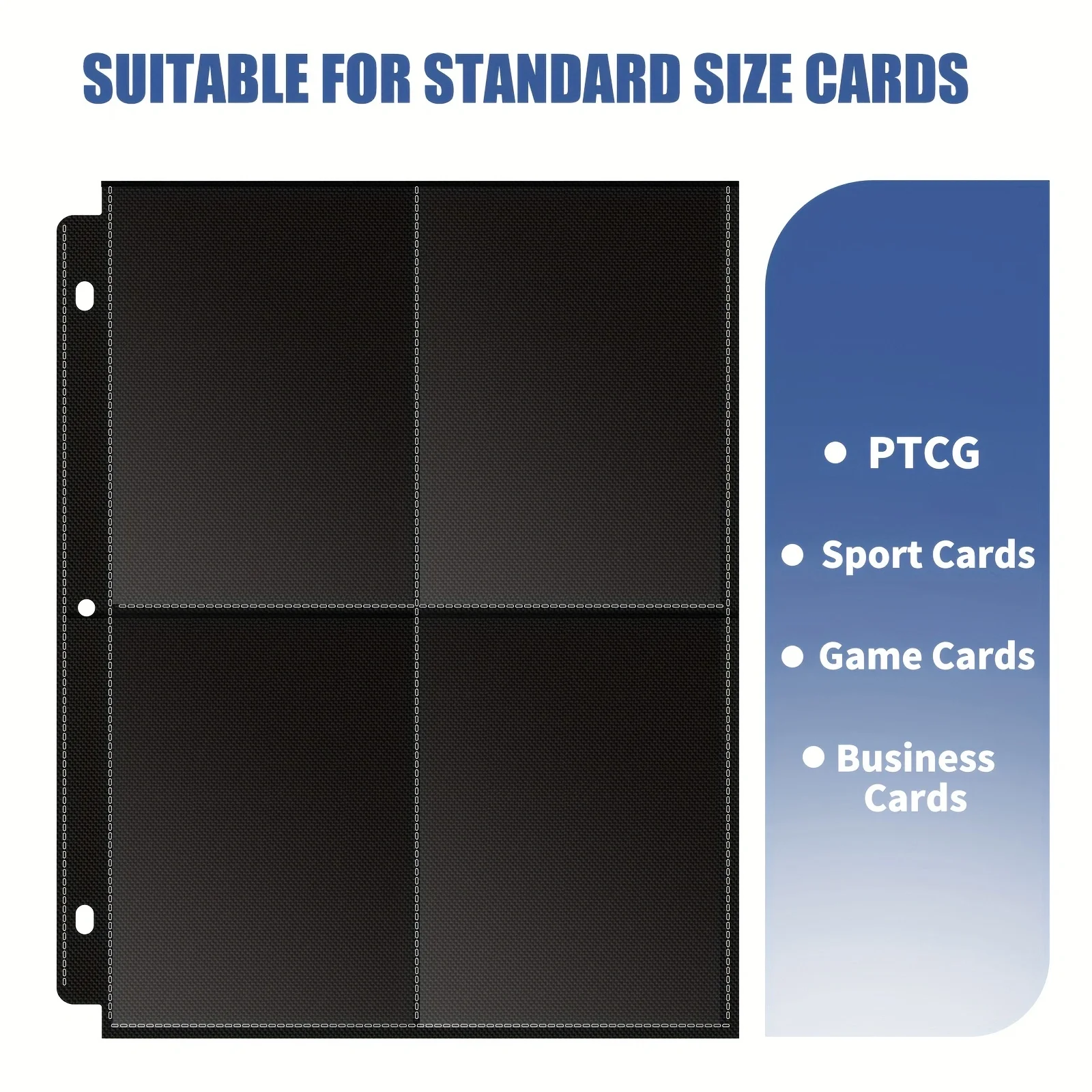 Four-pocket black card sleeve pages, 3-hole double-sided, fits for postcards, photo cards, etc
