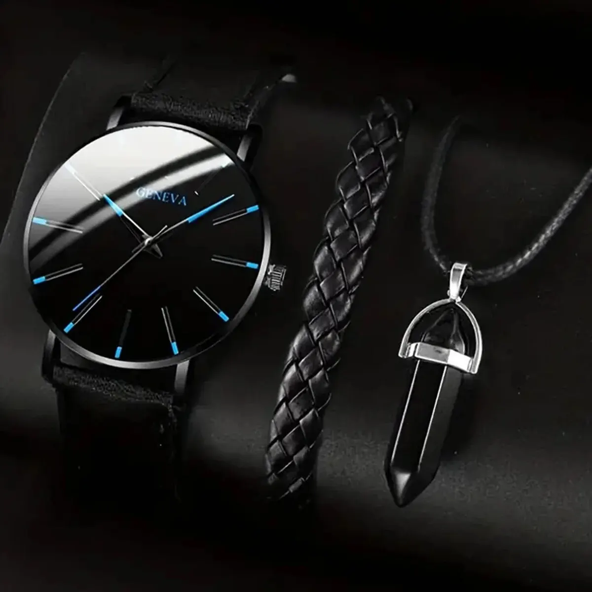 3Pcs/set Men's Round Quartz Watch Fun Alloy PU Leather Quartz Watch With 1 Bracelet And 1 Necklace Ramadan Gift Set