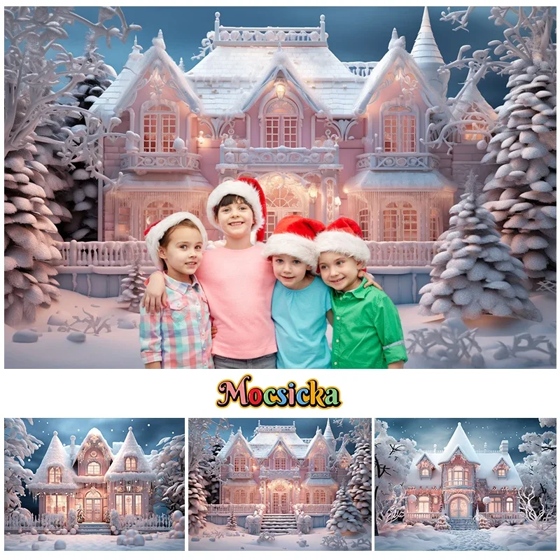 

Mocsicka Christmas Winter Pink House Forest Photographic Background Xmas Kids Family Portrait Decoration Backdrop Photo Studio