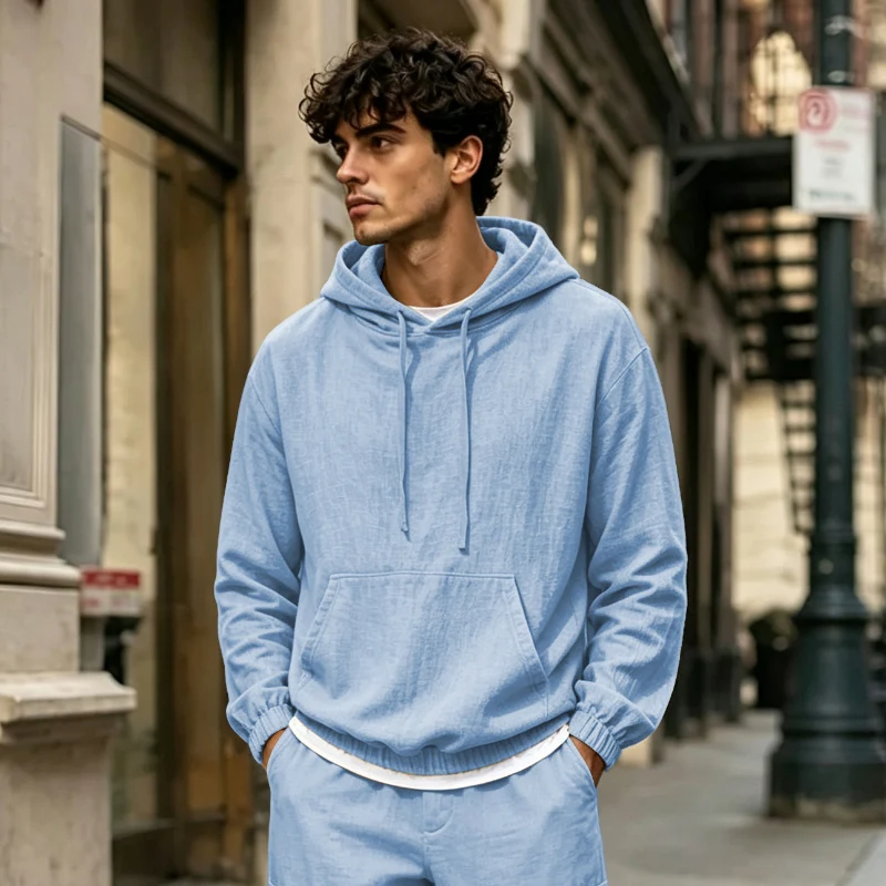 Men New Cotton Linen Hooded Coats Autumn Spring Male Button Tie Collar Long Sleeve Solid Color Pullover Sweashirt Beachwear