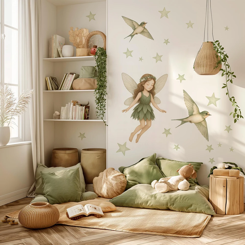 Cartoon Magic Fairy Stars Birds  Moon Flower Wall Stickers Decals for Girl Room Kids Room Playroom Wall Decor