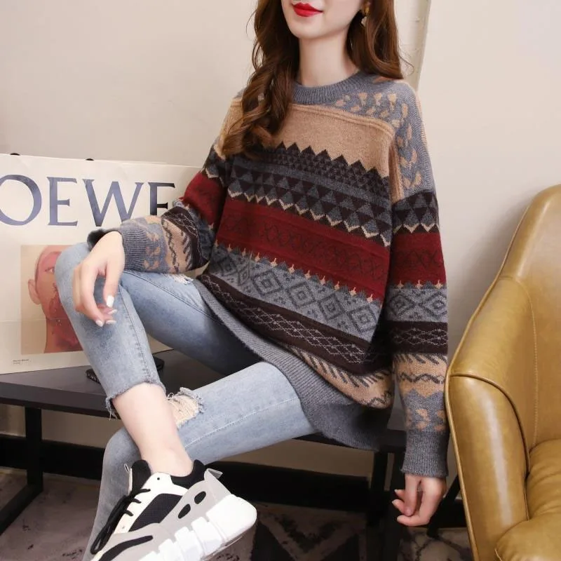 New Autumn and Winter Fashion Lazy Style Retro Jacquard Round Neck Thickened Loose Versatile Western Women\'s Knitted Sweater