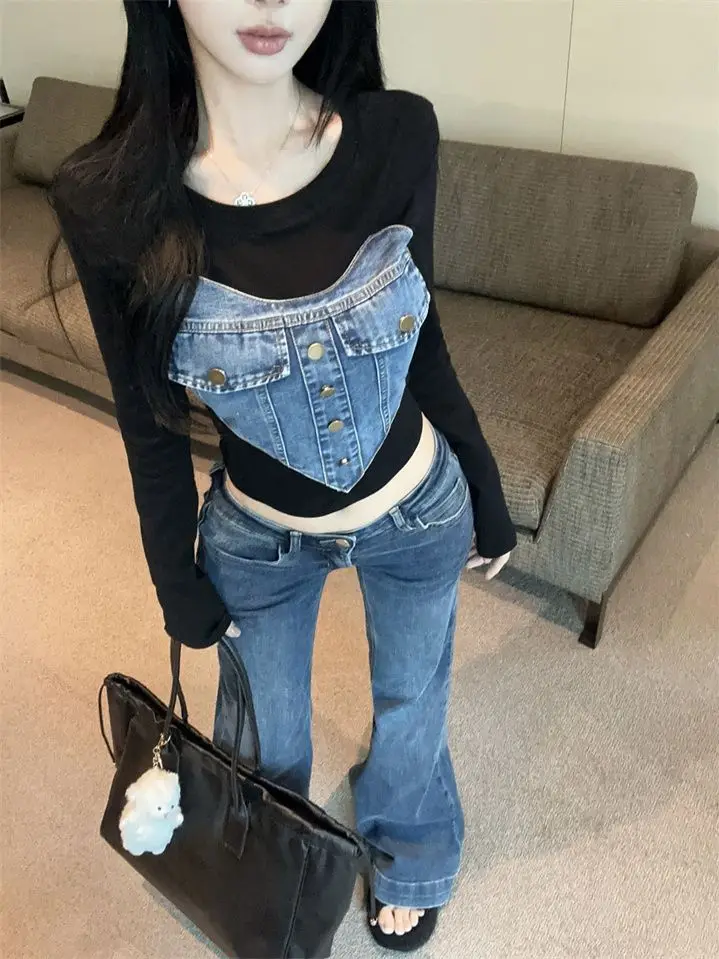 Korean Version Love Denim Patchwork Long Sleeved T-shirt for Spicy Girls Short Top for Women
