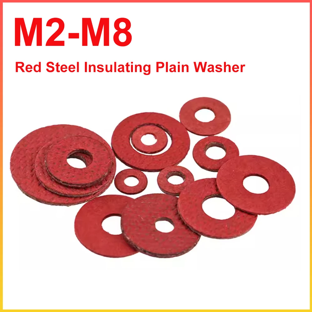 100-500pcs Insulating Plain Washer M2 M2.5 M3 M3.5 M4 M5 M6 M7 M8 Red Steel Paper Circular Flat Gasket Ring Thickness 0.5-1mm