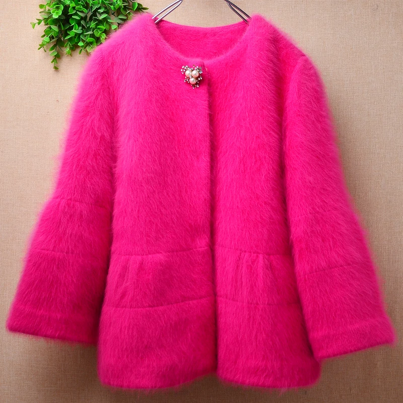 

Female Women Spring Winter Thick Warm Hairy Mink Cashmere Knitted Three Quarter Sleeves Slim Cardigans Angora Fur Jacket Sweater