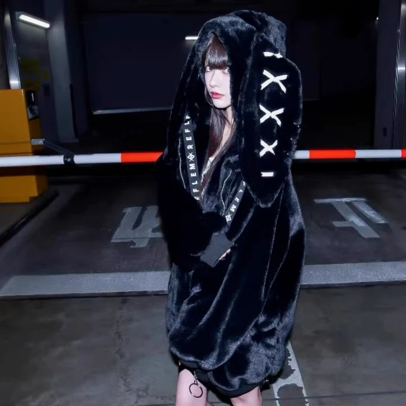 Mine Mass Mass Production Black White Faux Fur Jacket Winter Girls Sweet Cool Warm Thickened Soft Y2k Subculture Hooded Fur Coat