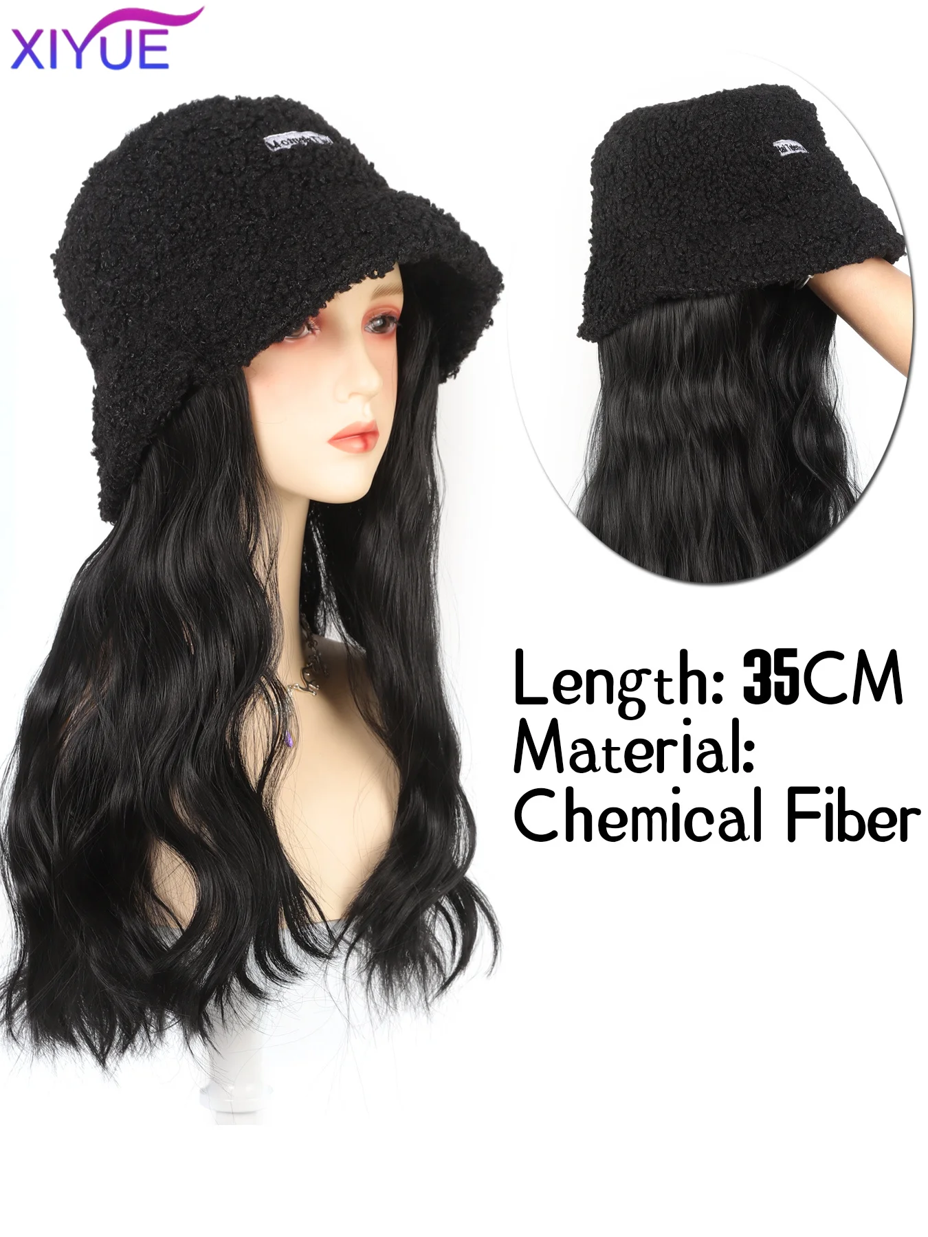 Synthetic Long Fashion Water Ripple Hair Wig With Black With Letter Lamb Wool Hair Bucket Hat For Women Autumn Winter Warm Hat F