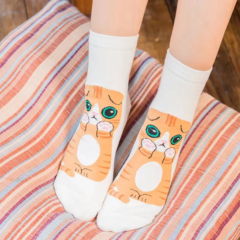 5 pairs lot pack women socks spring Cartoon lovely cotton Kawaii fashion cat with dog funny ins High-top socks happy funny