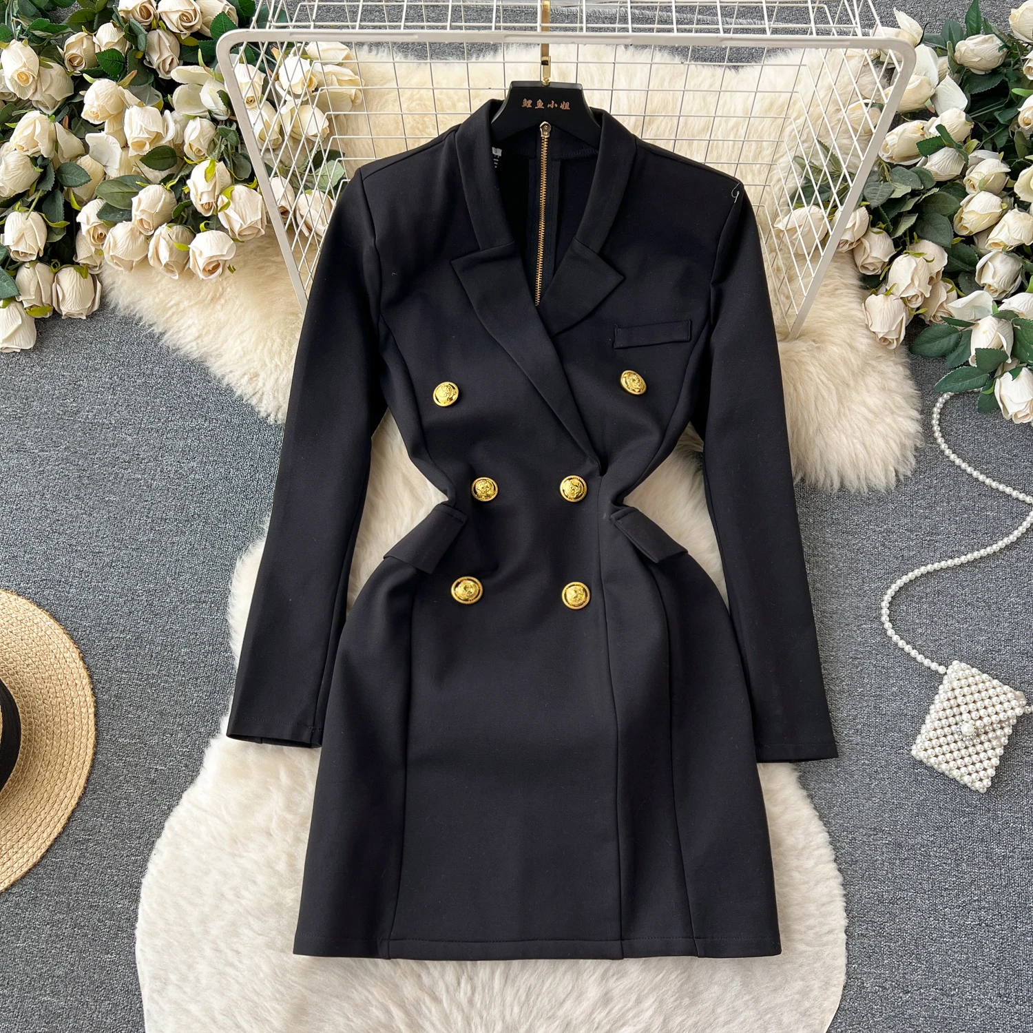 

Autumn Winter Vintage Hepburn Black Double Breasted Duit Dress Women's Nnew Slimming High Quality Work Office Lady Black Dress