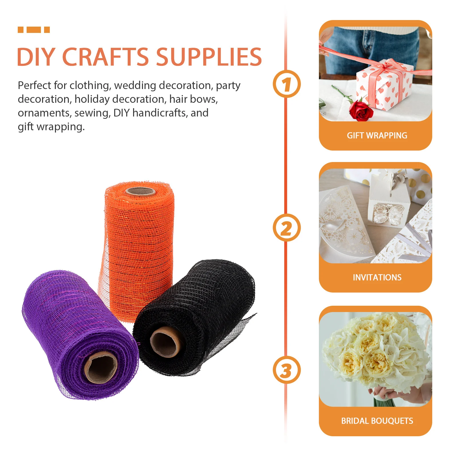 

3 Rolls Crafts Making Ribbon Flower Packaging Halloween Decorative Mesh Ribbons Poly