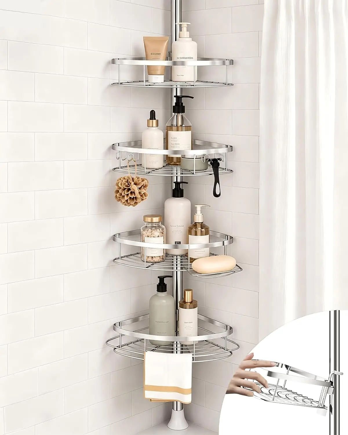 Rustproof Shower Corner Caddy Organizer for Bathroom, 4 Adjustable Shelves with Tension Pole, for Bathtub Shampoo Accessories Storage Holder, 34 to 116 Inch Height, Silver