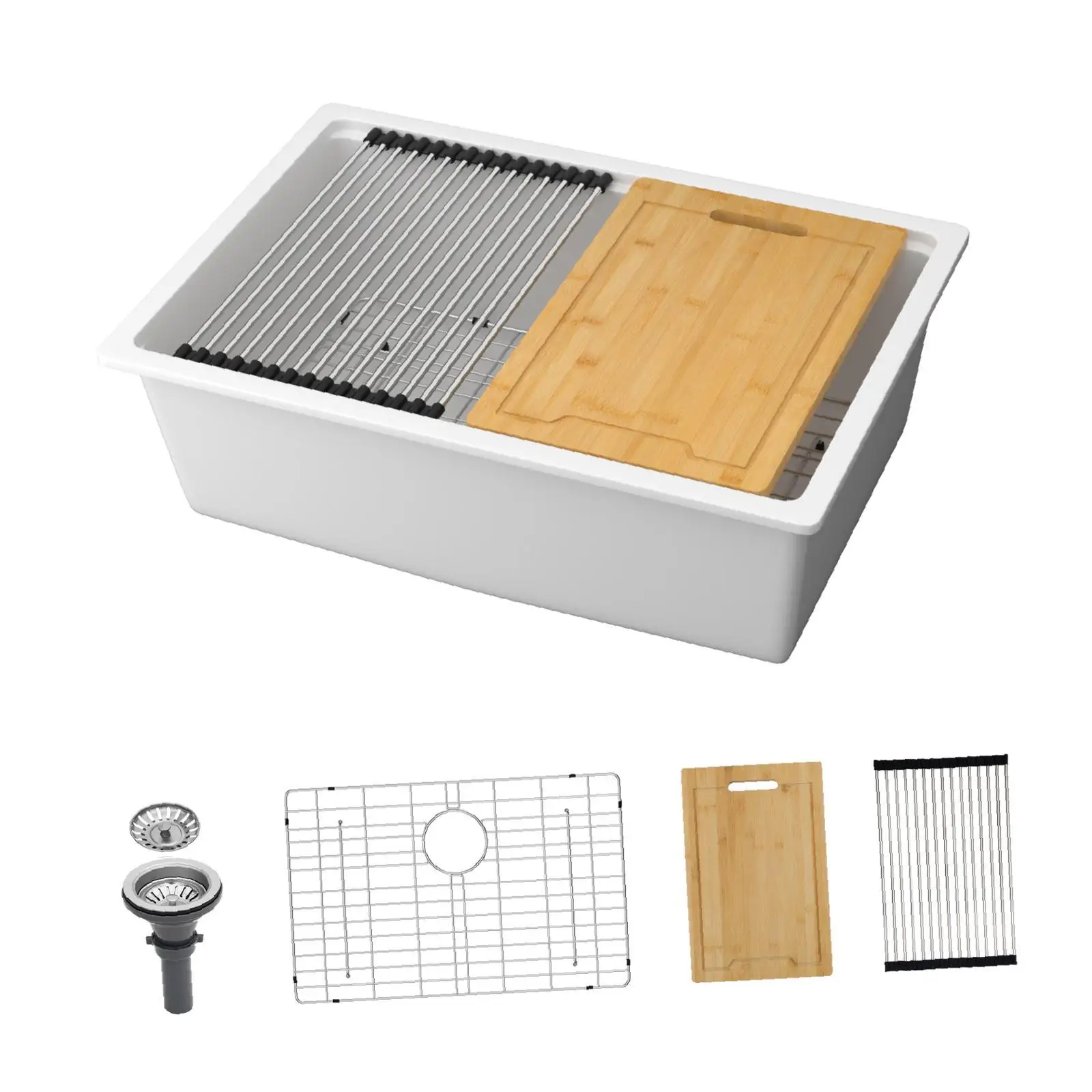 

Quartz Kitchen Sink White Granite Undermount Workstation Multifunctional Basin Inch Sink for Utility Kitchen Area