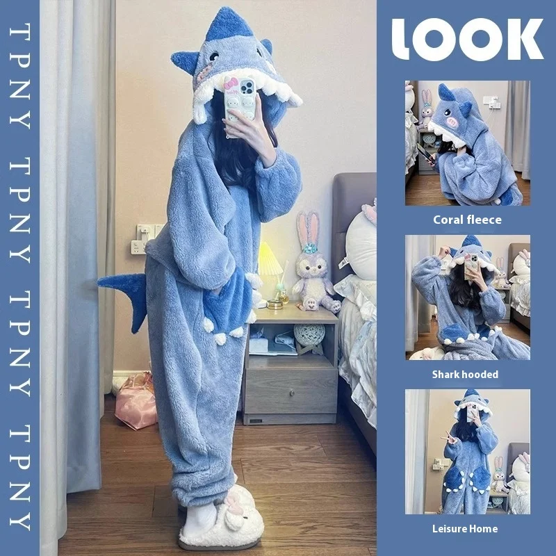 Ins Winter Cute Shark Hooded Coral Velvet Pajamas Homewear Women Padded Thickened Warm Clothes Homewear One-Piece Pajamas