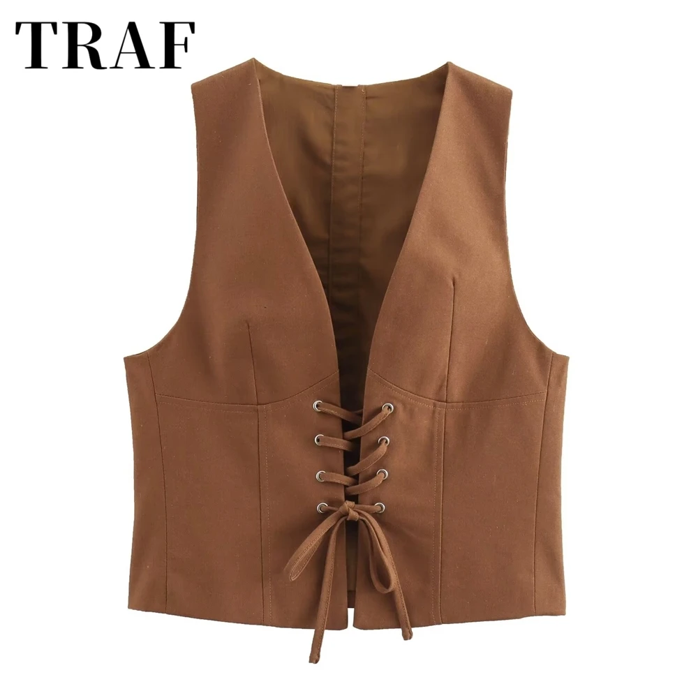 

TRAF summer new product European and American style V-neck cross tie women's slim fit vest top vest women's vest