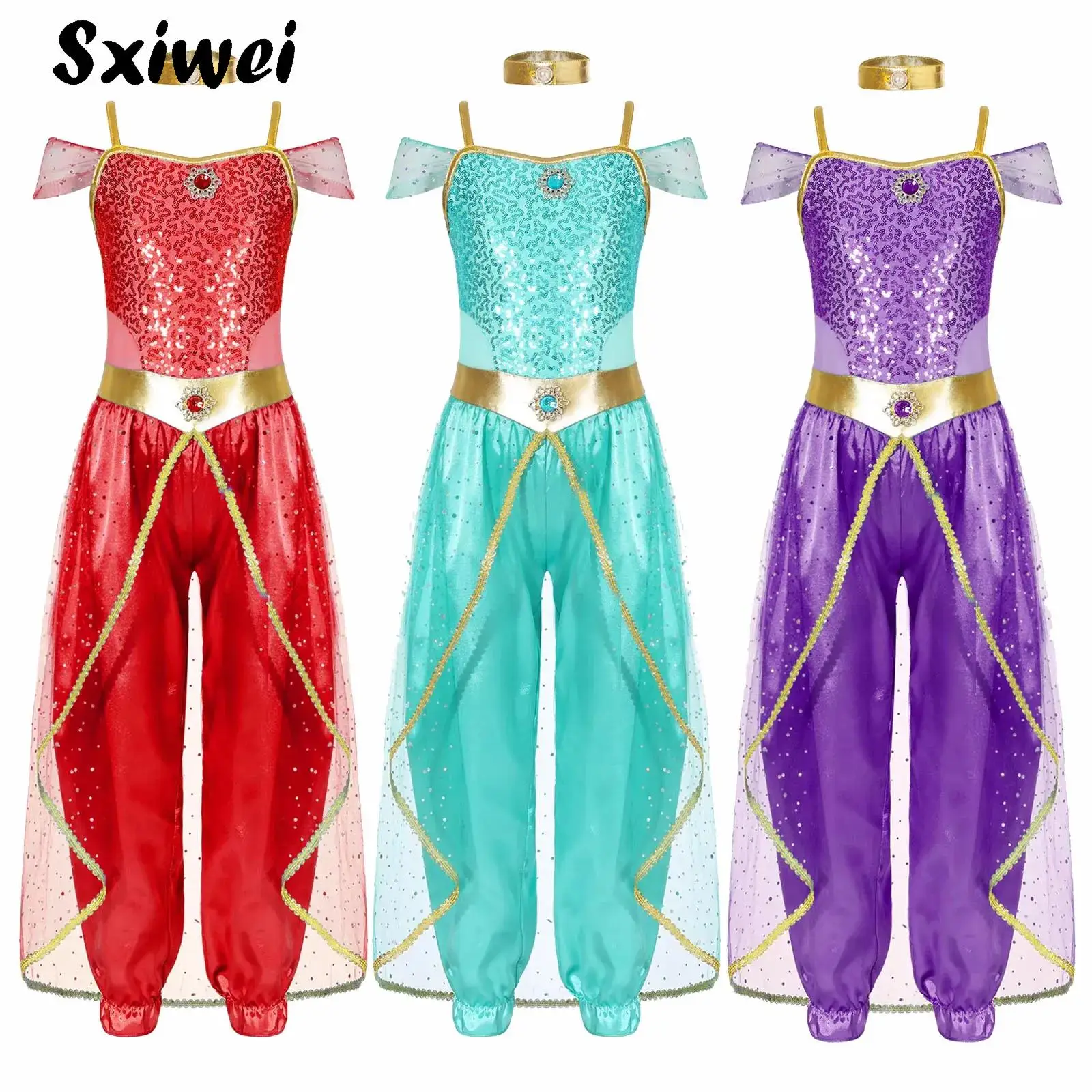 Shiny Sequin Gem Girls Halloween Jasmines Costume Kids Arabian Princess Cosplay Fancy Jumpsuit with Choker for Dance Performance