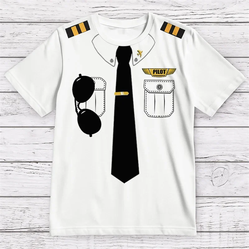 Funny Pilot Uniform Graphic T Shirts For Men Summer Fashion Short Sleeve 3D Printed T-shirts Casual Oversized Crew Neck Tees