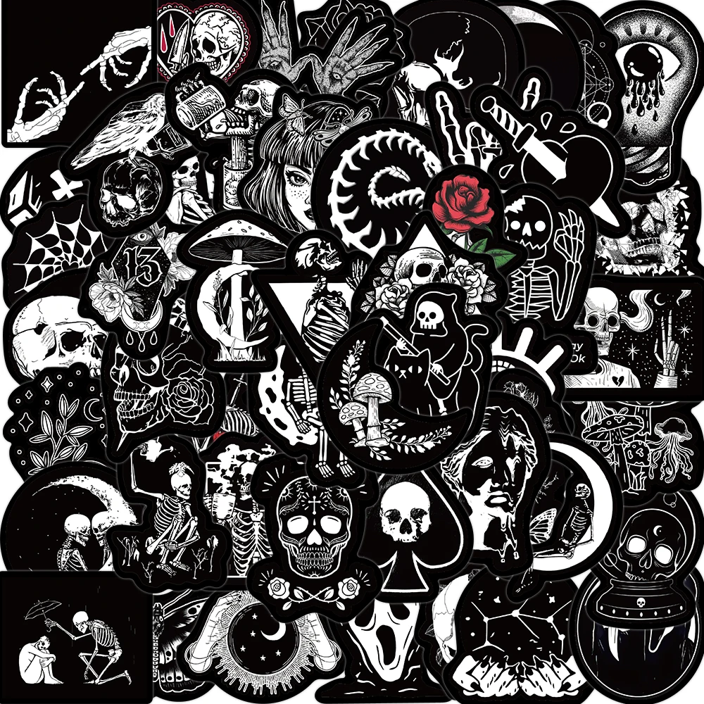 10/25/50pcs Black and White Gothic Skull Stickers Decals Cartoon Graffiti DIY Notebook Luggage Wall Decoration PVC Sticker