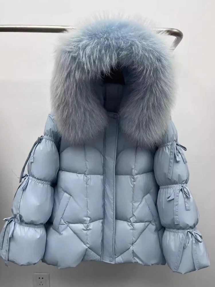 Unten Jacke Neue Winter Große Echtpelz Mit Kapuze Puffer Jacke Frauen Dicke Warme Gestrickte Hülse Mantel Weiße Gans Unten Mid Lange Parka