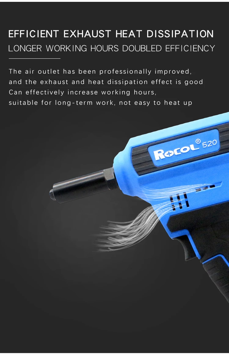 Electric Rivet Gun Rocol RL-520 Lithium Battery Automatic Rivet Gun Core Pulling Riveting Tool Stainless Steel Brushed Rivets