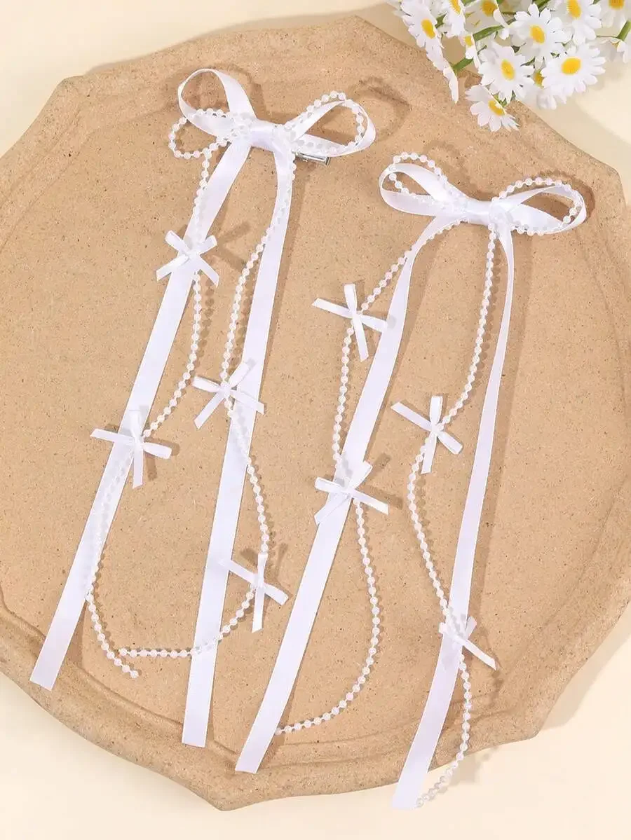 

2pcs White Pearl Bead Ribbon Bow Hair Clips For Women Elegant Hair Accessories Wedding Vacation