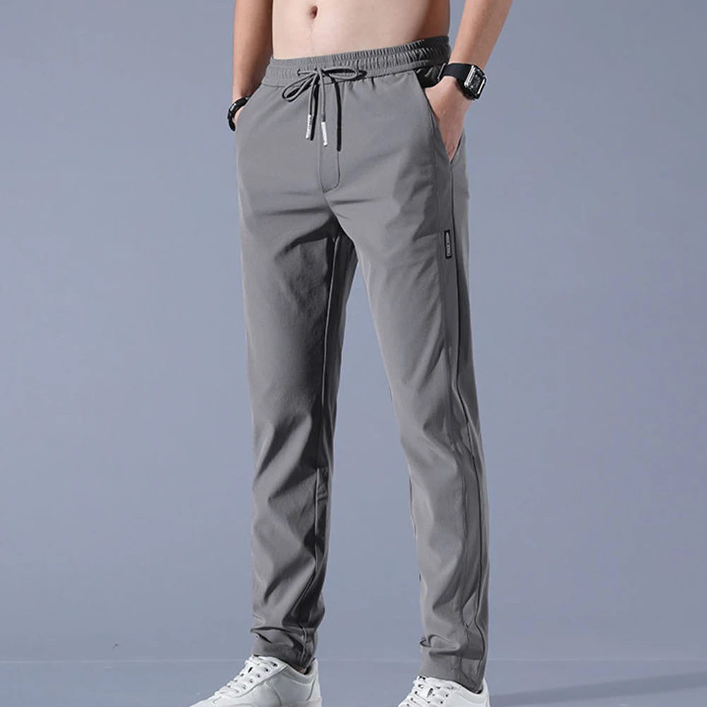 Men's Loose Ice Silk Thin Straight-Leg Casual Trousers Pants Quick-Drying Sports Pants Breathable Drawstring Male Casual Pants