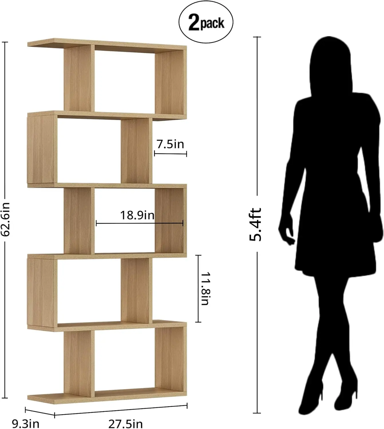 Oak 5-Tier Geometric Bookcase, S-Shaped Modern Bookshelf Set of 2, 62.6