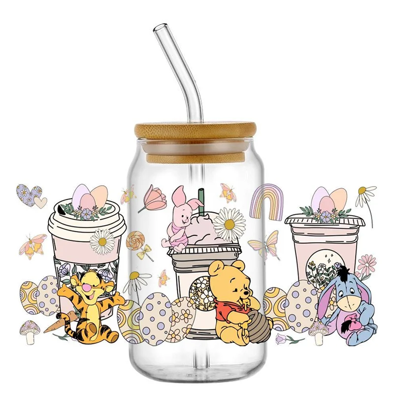 Miniso winnie bear 16oz uv dtf copo envoltório transferências dos desenhos animados libbey envoltório tumbler diy logotipo adesivo de vidro pode autoadesivo à prova dwaterproof água