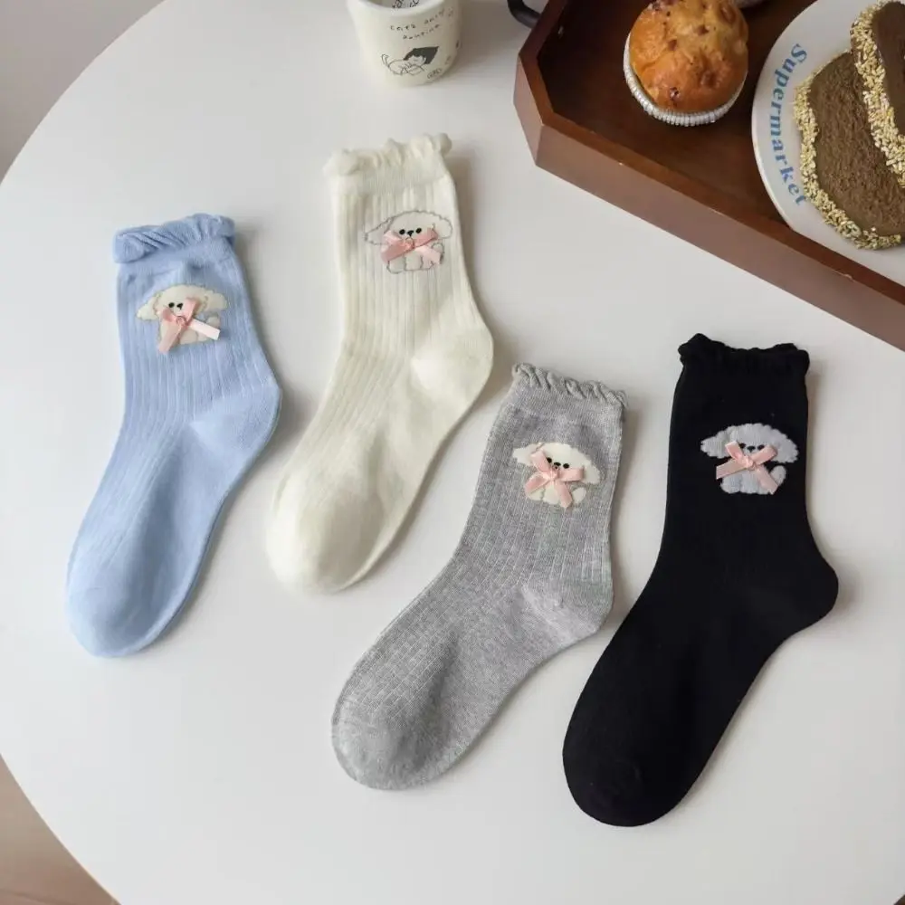 4Pairs Casual Cartoon Dog Bowknot Ruffle Socks Kawaii Anti-slip Sweet Tube Socks Hosiery Ballet Style Mid-calf Socks Women Girl