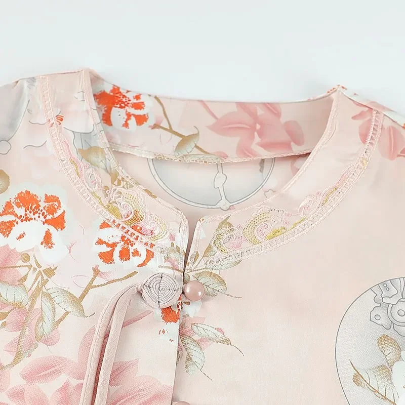 Womens Chinese Style Floral Two Piece Set Casual Summer Outfit For Mothers