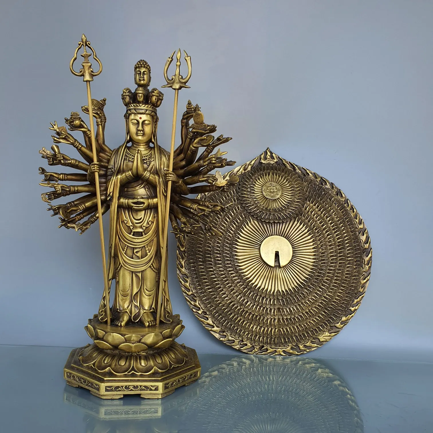 23”Xizang Folk Old Brass 1000 arms Guanyin Thousand-hand Bodhisattva Buddha Backlight Worship hall Town House
