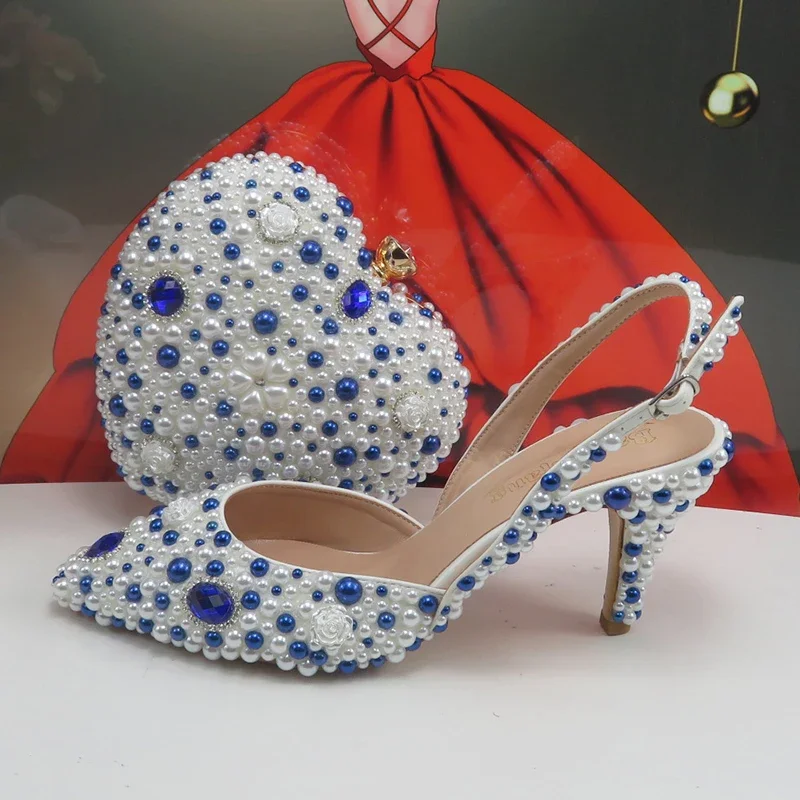 New Blue Crystal Bridal wedding shoes and Bag Pointed Toe White Pearl Party Pumps with handbag Back strap Handmade customization