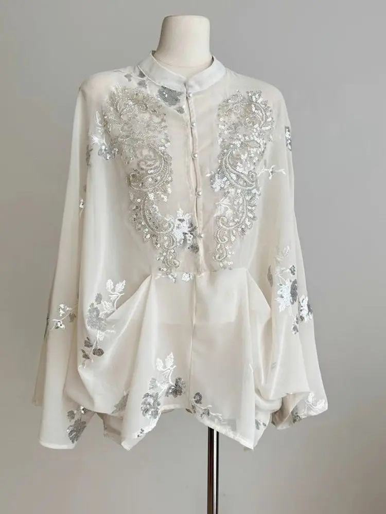

New High-end Temperature Chinese Style Chic Sequin Embroidered Cape Top + Slimming Drapey A-line Skirt Suit for Women