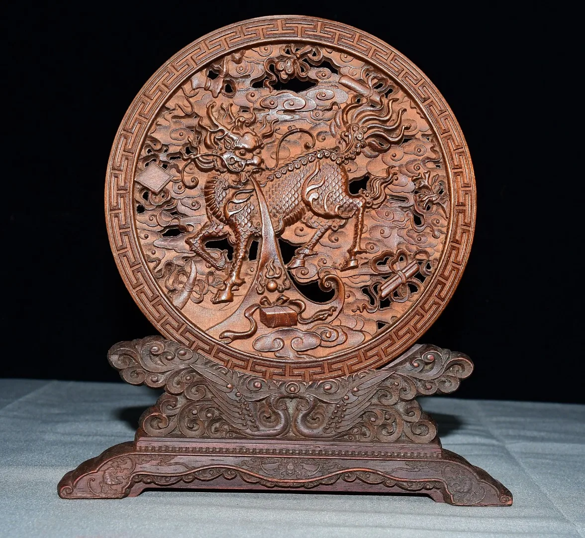 Old Boxwood Driving Cloud Kirin Statue Pattern screen Wenfang Amass wealth Ornaments Town house