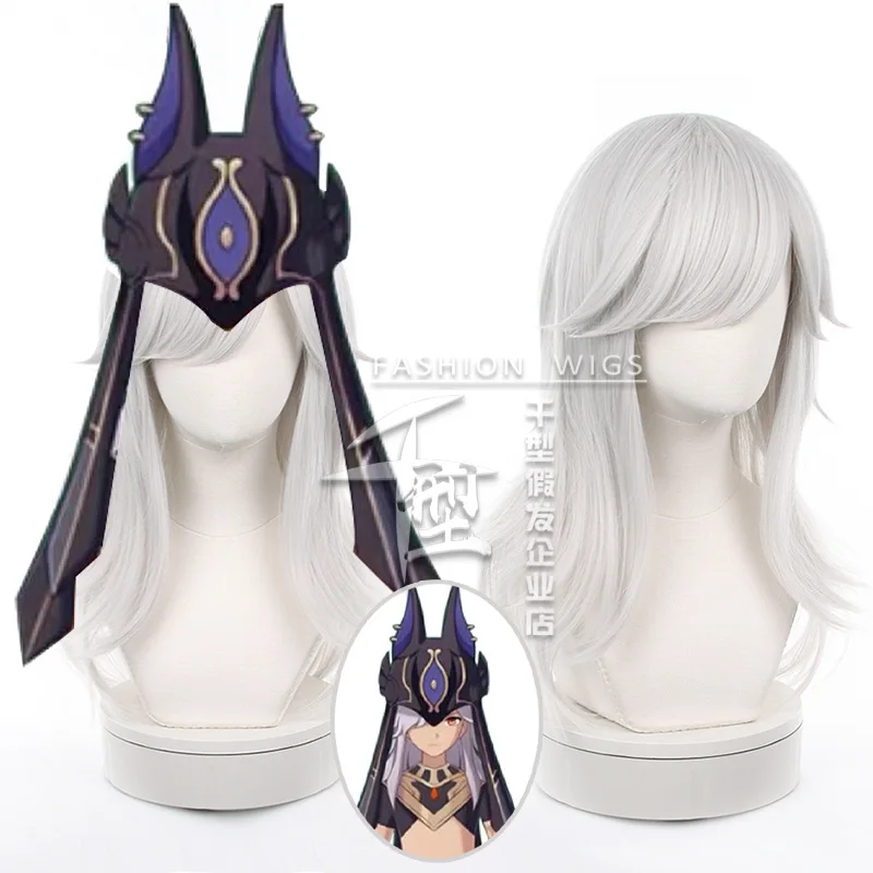 Peluca de Cosplay de Genshin Impact Cyno, pelo blanco plateado, resistente al calor, sintético, accesorios para fiesta de Halloween