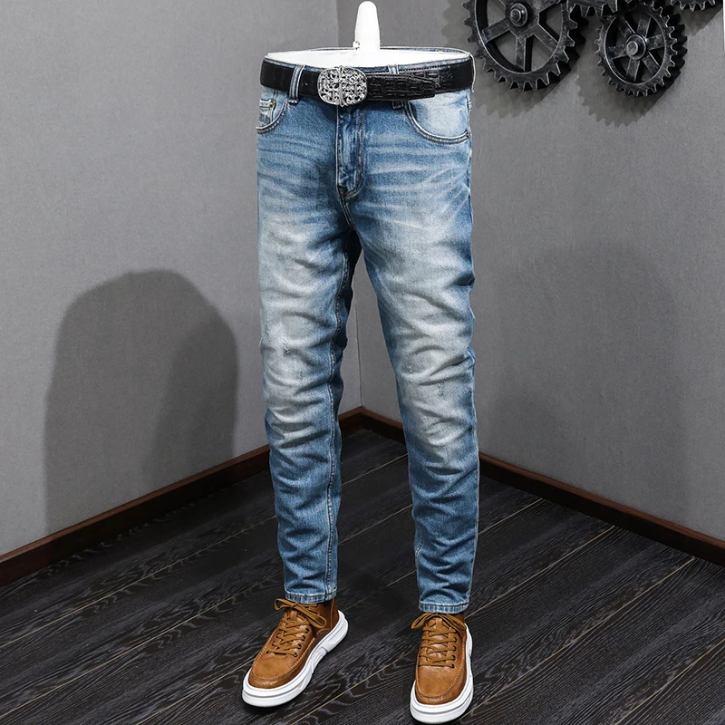 

Newly Vintage Fashion Men Jeans Retro Blue Stretch Slim Ripped Jeans Men Classical Trousers Designer Casual Denim Pants Hombre