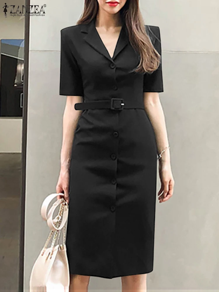 ZANZEA Summer Fashion Lapel Neck Sundress Elegant OL Work Dress Short Sleeve Pencil Dresses Vintage Party Solid Robe Oversized