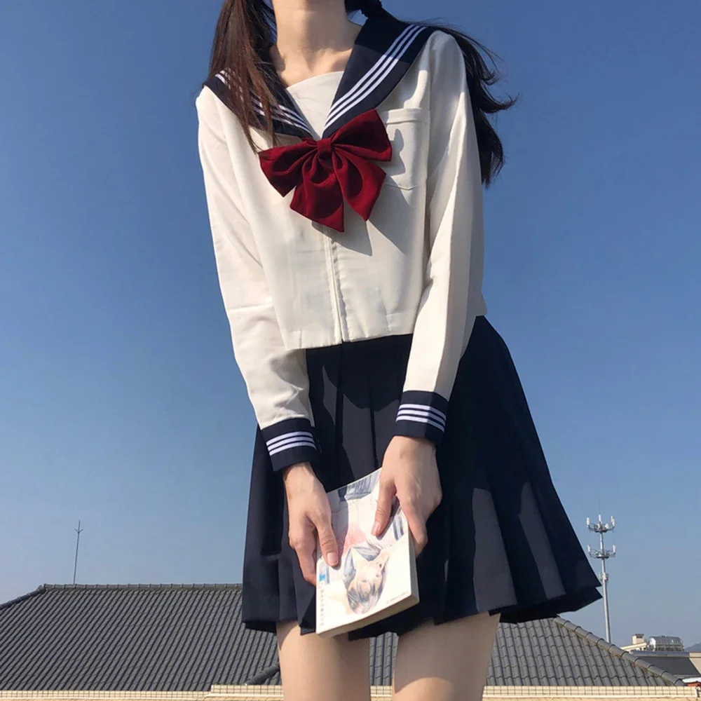 Japanese School Uniform Girl Plus Size Jk Suit Red Tie Navy Blue Three Basic Sailor Uniform Short&Long Sleeve Suit Pleated Skirt