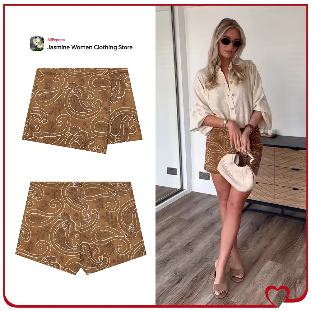 

Elegant Chic Embroidered Faux Suede Skorts for Women New in Stylish Mid-camel Skort with Crossover Front Fashion Holiday Outfits