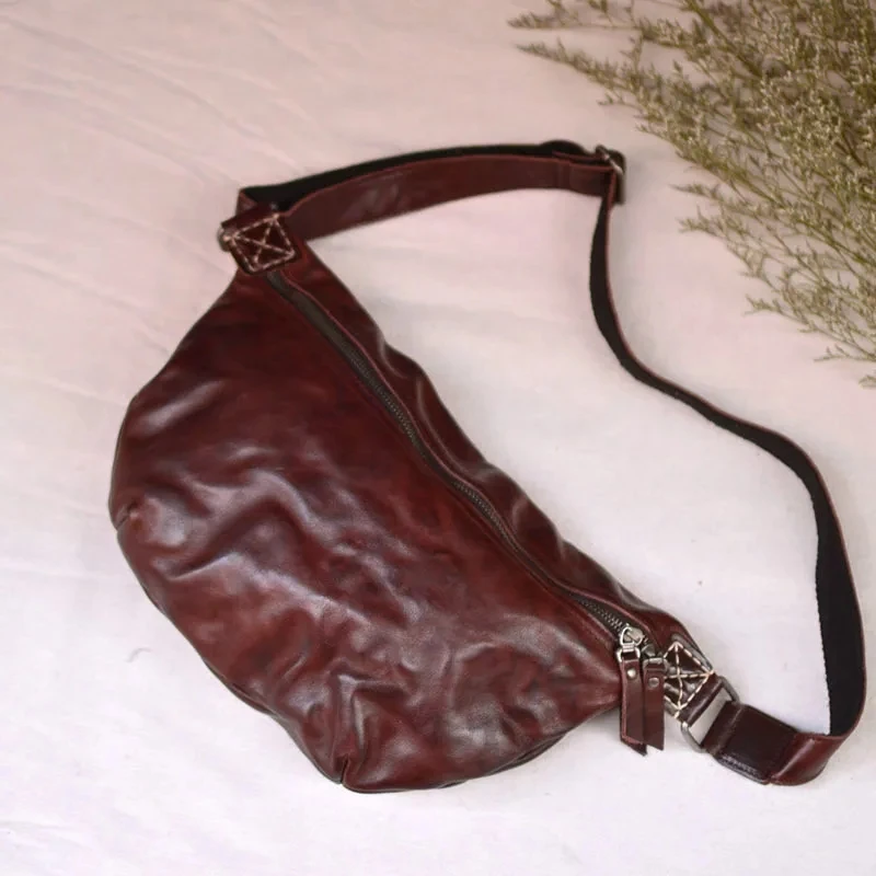 

AETOO New soft tree Cream pleated Rub men's Crossbody chest Bag Casual zipper Youth leather leather shoulder bag Fashion