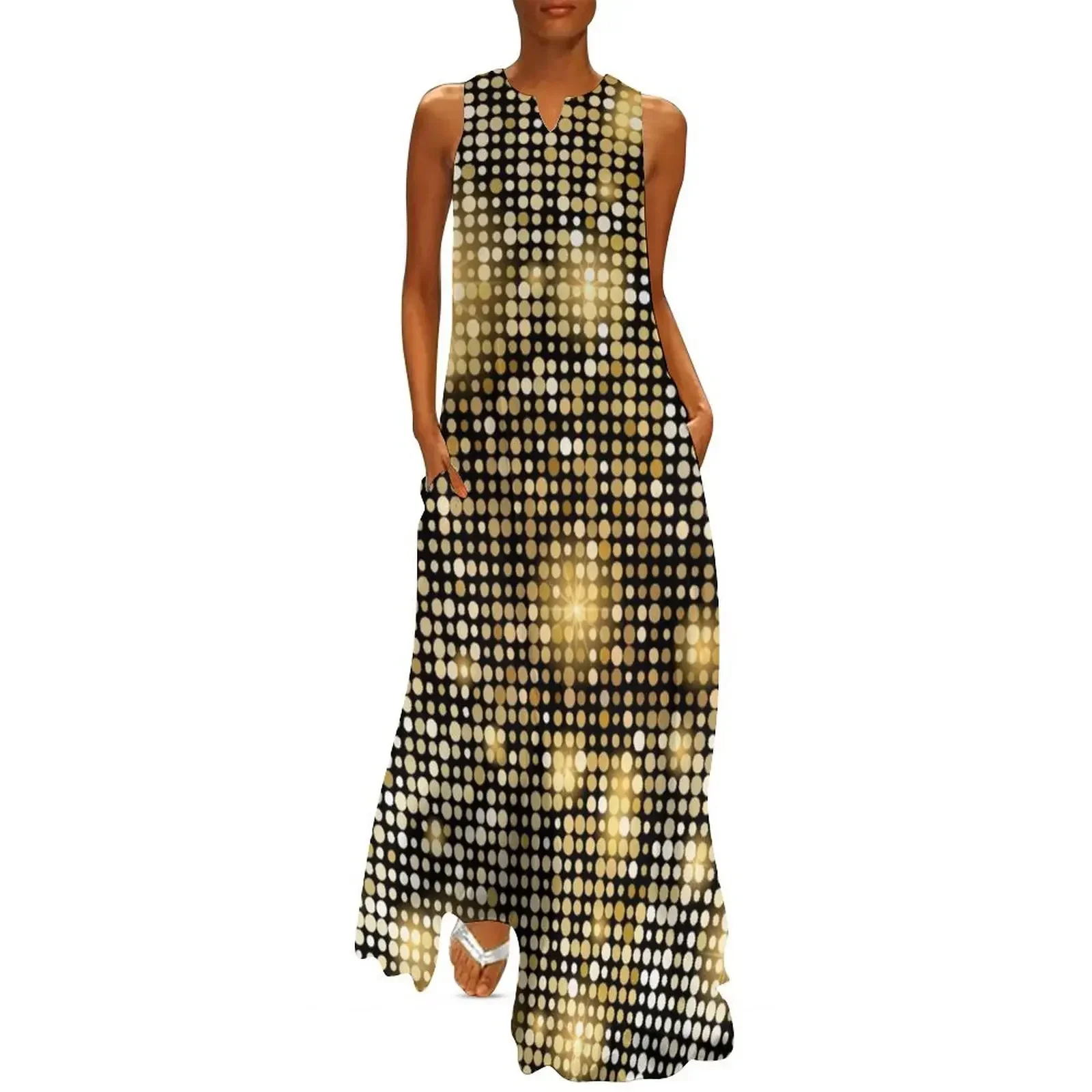 

Golden shiny mosaic in disco ball style Long Dress Dress vintage Women's long dress women long dresses women party dresses