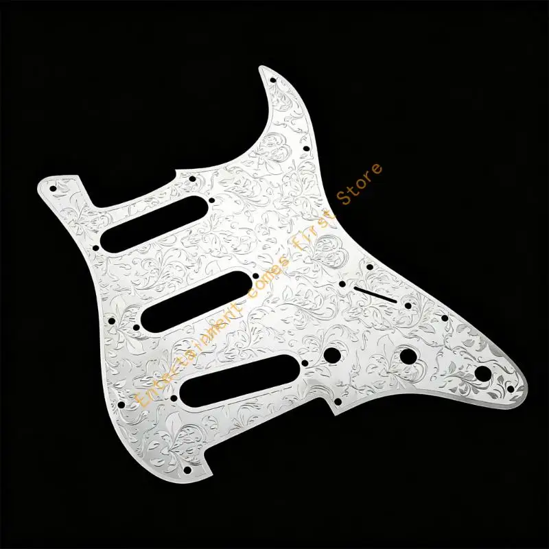 Electric Guitar Pickguard, Silver Floral Metal Panel with Three Pickup Openings and Control and Mounting Positions 55KD