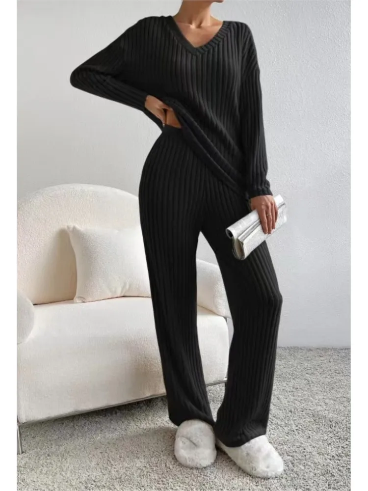 2023 Autumn Winter Loose Casual V Neck Pit Stripe Knitted Set Fashion Solid Long Sleeve Top Straight Tube Pants Two Piece Sets