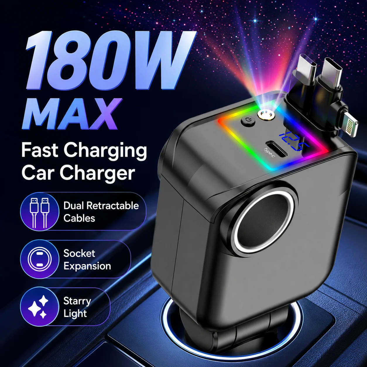 180W Car Charger Dual Retractable USB C Lightning Cables 60W Socket LED Display Ambient Starry Light 180 Degree Adjustable