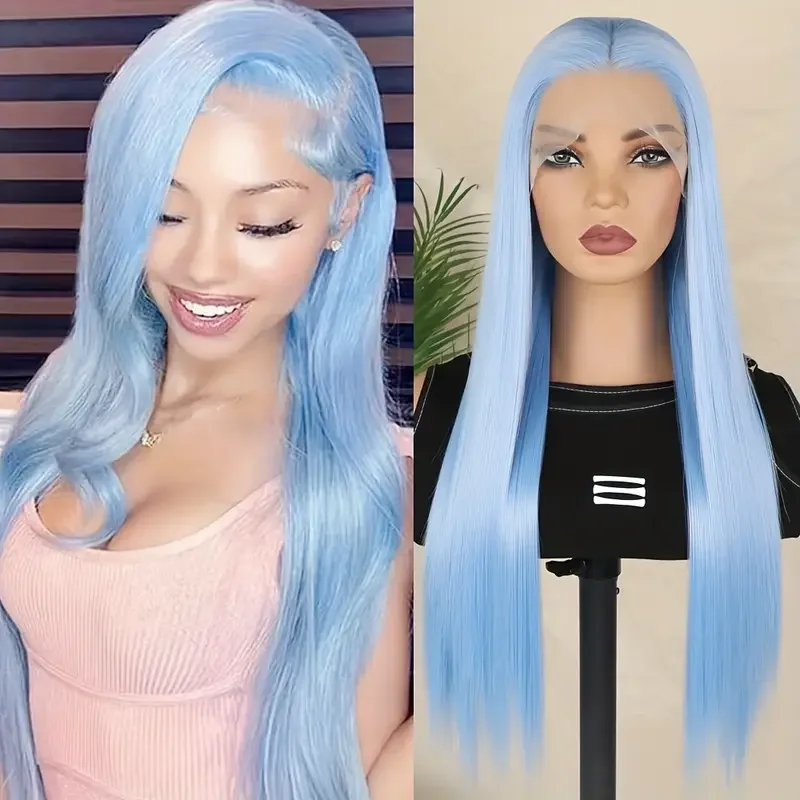 Peluca con malla frontal sintética azul de encaje 13*4 para mujer, fibra larga y recta resistente al calor, para fiesta diaria, Año Nuevo, Día de San Valentín