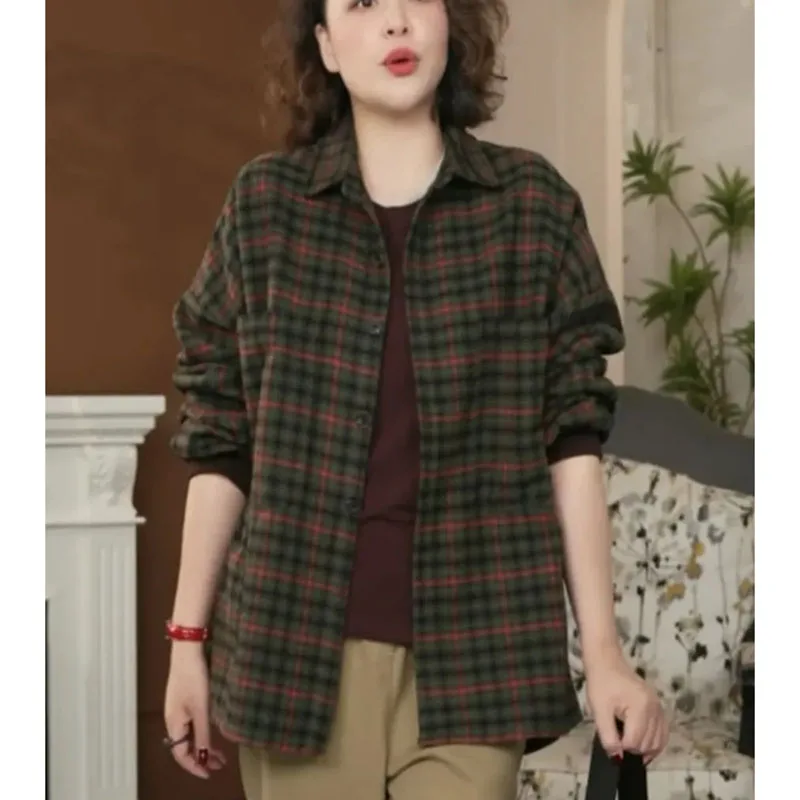 

2025 Lady Large Size 5XL Shirts Coat Middle Aged Mother Long Sleeves Grid Jacket Spring Autumn Femme Fashion Cardigan Blouse Top