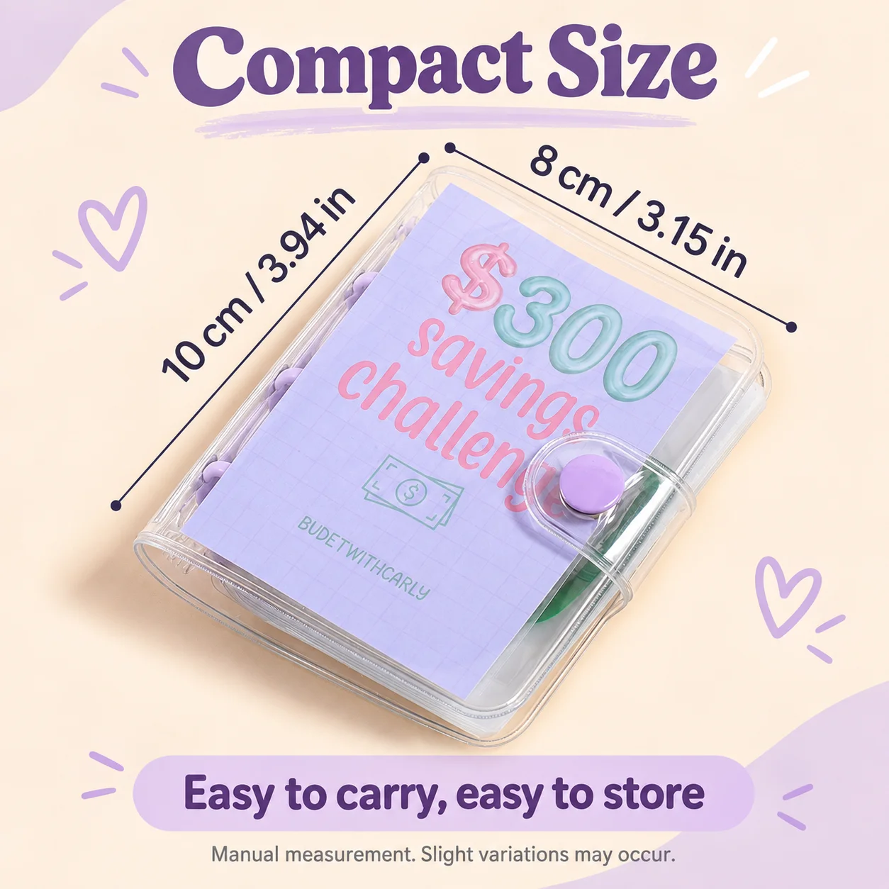 Mini $300 Savings Challenge Binder With Cash Sleeves, 3-ring Clear Snap Cover 10x8cm Portable Budget Planner Organizer Gift