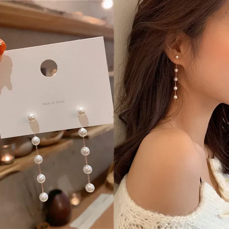 2022 New Trend Simulation Pearl Long Earrings Women\'s Flower Rhinestone Wedding Pendant Earrings Fashion Korean Jewelry Earrings