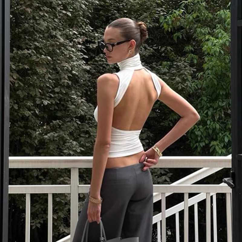 CUTENOVA, camisetas sin mangas de Color sólido con cuello alto y espalda descubierta para mujer, novedad de verano, camisetas sin mangas sencillas inteligentes elegantes con temperamento