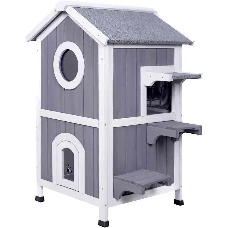 GEGURI Outdoor Cat House Weatherproof, Wooden Two-Story Feral Cat Shelter with Openable Roof, Escape Door, Balcony